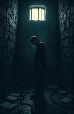 A solitary figure standing in a dimly lit prison cell, surrounded by cold stone walls and shadows
