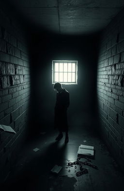 A solitary figure standing in a dimly lit prison cell, surrounded by cold stone walls and shadows