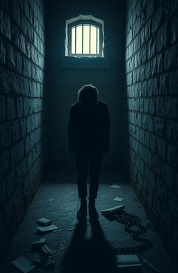 A solitary figure standing in a dimly lit prison cell, surrounded by cold stone walls and shadows
