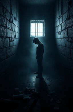 A solitary figure standing in a dimly lit prison cell, surrounded by cold stone walls and shadows