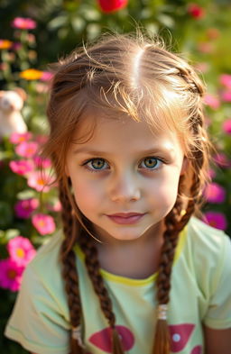 A young girl with long, messily braided hair and hazel eyes, wearing a bright and cheerful outfit