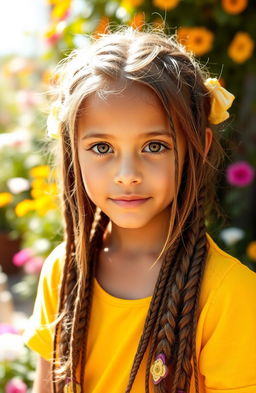A young girl with long, messily braided hair and hazel eyes, wearing a bright and cheerful outfit