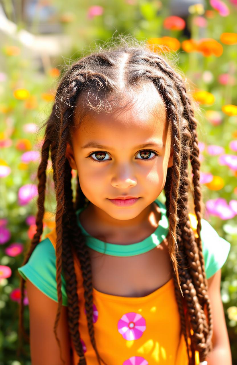 A young girl with long, messily braided hair and hazel eyes, wearing a bright and cheerful outfit