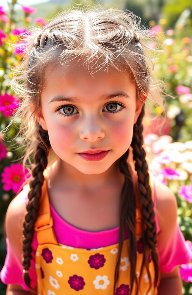 A young girl with long, messily braided hair and hazel eyes, wearing a bright and cheerful outfit