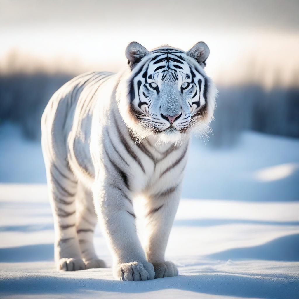 Generate an image of a majestic white tiger captured in a moment of stillness, its form encased in transparent, smooth ice