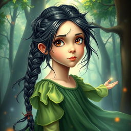 A fantasy book cover featuring a young girl with long, messily braided black hair and striking hazel eyes