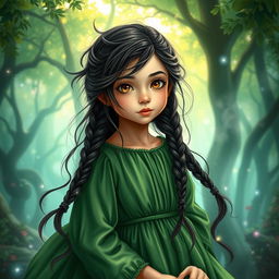 A fantasy book cover featuring a young girl with long, messily braided black hair and striking hazel eyes