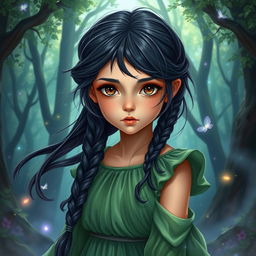 A fantasy book cover featuring a young girl with long, messily braided black hair and striking hazel eyes