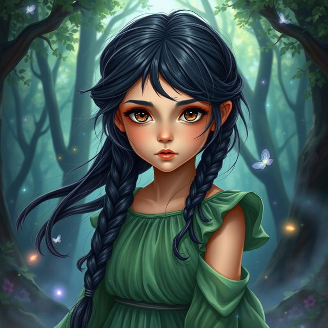 A fantasy book cover featuring a young girl with long, messily braided black hair and striking hazel eyes