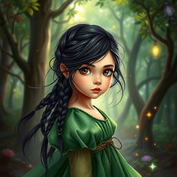 A fantasy book cover featuring a young girl with long, messily braided black hair and striking hazel eyes