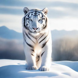 Generate an image of a majestic white tiger captured in a moment of stillness, its form encased in transparent, smooth ice