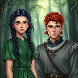 A fantasy book cover featuring a naive 16-year-old girl with long, messily braided black hair and captivating hazel eyes