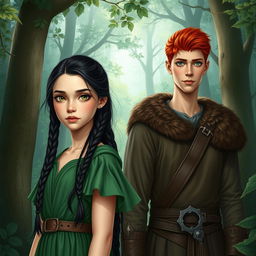 A fantasy book cover featuring a naive 16-year-old girl with long, messily braided black hair and captivating hazel eyes