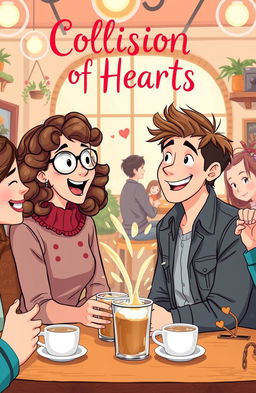 A playful and heartwarming scene depicting a romantic comedy setting in a quaint café where two people are experiencing an amusing mishap while enjoying their coffee