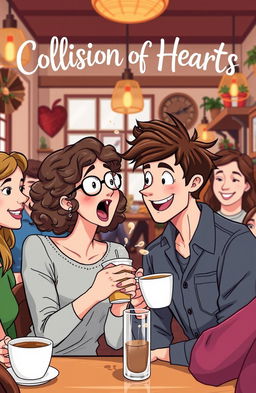 A playful and heartwarming scene depicting a romantic comedy setting in a quaint café where two people are experiencing an amusing mishap while enjoying their coffee