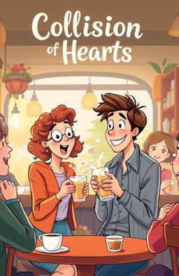 A playful and heartwarming scene depicting a romantic comedy setting in a quaint café where two people are experiencing an amusing mishap while enjoying their coffee