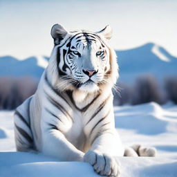 Generate an image of a majestic white tiger captured in a moment of stillness, its form encased in transparent, smooth ice