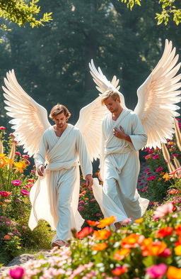 A stunning scene depicting male angels gracefully walking on earth, their ethereal wings merging seamlessly with the surroundings
