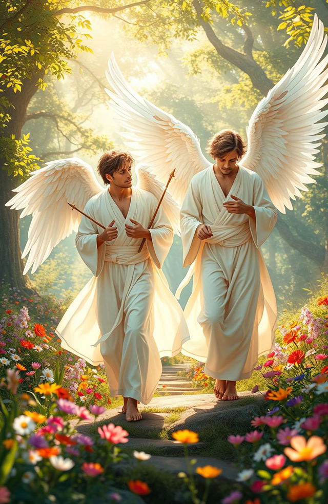 A stunning scene depicting male angels gracefully walking on earth, their ethereal wings merging seamlessly with the surroundings