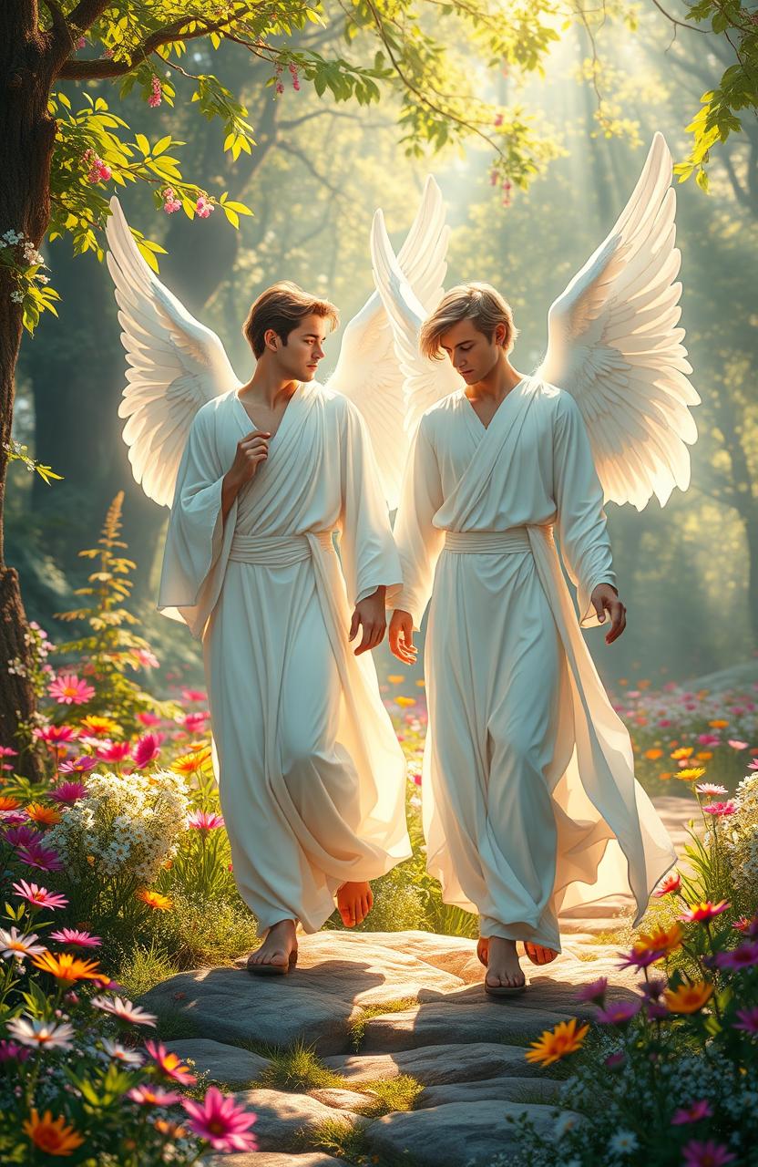 A stunning scene depicting male angels gracefully walking on earth, their ethereal wings merging seamlessly with the surroundings