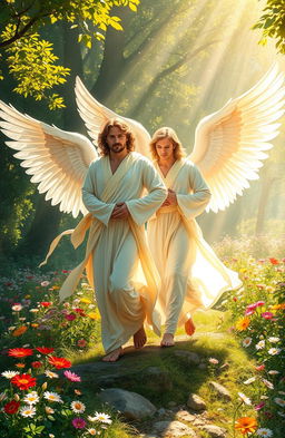A stunning scene depicting male angels gracefully walking on earth, their ethereal wings merging seamlessly with the surroundings