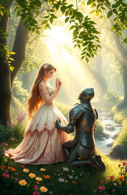 A beautiful scene depicting a princess in an elegant gown with intricate details, kneeling gracefully on one knee in a lush, enchanted forest