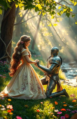 A beautiful scene depicting a princess in an elegant gown with intricate details, kneeling gracefully on one knee in a lush, enchanted forest