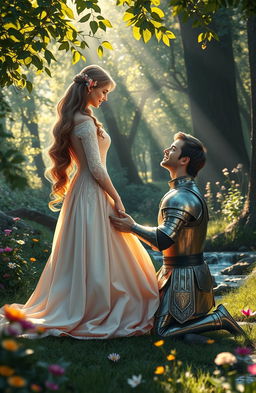 A beautiful scene depicting a princess in an elegant gown with intricate details, kneeling gracefully on one knee in a lush, enchanted forest