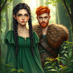 A fantasy book cover featuring a naive 16-year-old girl with long, messily braided black hair and enchanting hazel eyes