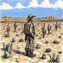 A detailed drawing of a vast desert landscape featuring dry, cracked earth and a variety of cacti scattered throughout, creating a rugged and arid atmosphere