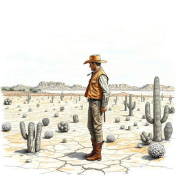 A detailed drawing of a vast desert landscape featuring dry, cracked earth and a variety of cacti scattered throughout, creating a rugged and arid atmosphere