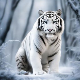 Generate an image of a striking white tiger, its body is real feline but adorned with fearsome claws honed from razor-sharp, gleaming ice