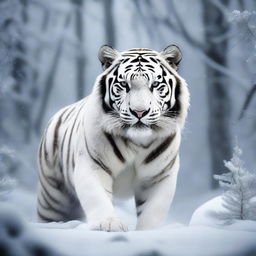 Generate an image of a striking white tiger, its body is real feline but adorned with fearsome claws honed from razor-sharp, gleaming ice