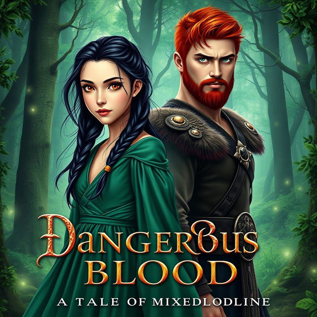 A stunning fantasy book cover for 'Dangerous Blood: A Tale of Mixed Bloodline' featuring a naive 16-year-old girl with long, messily braided black hair and enchanting hazel eyes