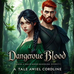 A stunning fantasy book cover for 'Dangerous Blood: A Tale of Mixed Bloodline' featuring a naive 16-year-old girl with long, messily braided black hair and enchanting hazel eyes