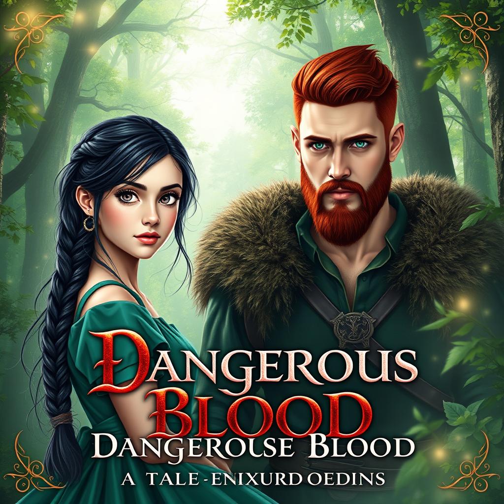 A stunning fantasy book cover for 'Dangerous Blood: A Tale of Mixed Bloodline' featuring a naive 16-year-old girl with long, messily braided black hair and enchanting hazel eyes