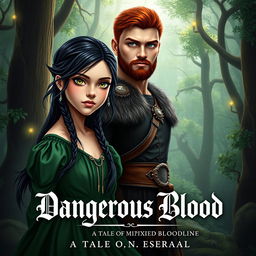 A stunning fantasy book cover for 'Dangerous Blood: A Tale of Mixed Bloodline' featuring a naive 16-year-old girl with long, messily braided black hair and enchanting hazel eyes