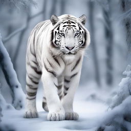 Generate an image of a striking white tiger, its body is real feline but adorned with fearsome claws honed from razor-sharp, gleaming ice