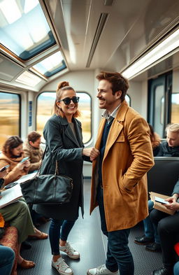 A lively scene depicting two people meeting on a train