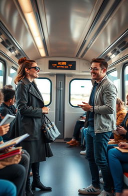 A lively scene depicting two people meeting on a train