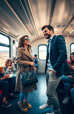 A lively scene depicting two people meeting on a train