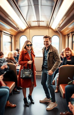 A lively scene depicting two people meeting on a train