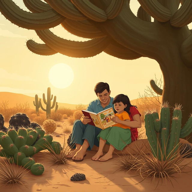 A heartwarming scene depicting a family in the sertão of Brazil, with a focus on the themes of reading and nature