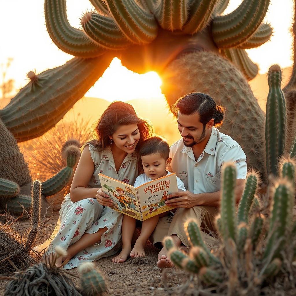 A heartwarming scene depicting a family in the sertão of Brazil, with a focus on the themes of reading and nature