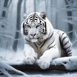 Generate an image of a striking white tiger, its body is real feline but adorned with fearsome claws honed from razor-sharp, gleaming ice