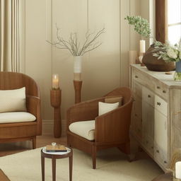 Generate an image of furniture set in cream and brown tones, featuring a balance of both colors.