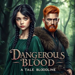A captivating fantasy book cover for 'Dangerous Blood: A Tale of Mixed Bloodline' featuring a naive 16-year-old girl with long, messily braided black hair and expressive hazel eyes