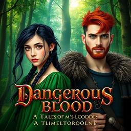 A captivating fantasy book cover for 'Dangerous Blood: A Tale of Mixed Bloodline' featuring a naive 16-year-old girl with long, messily braided black hair and expressive hazel eyes