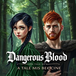 A captivating fantasy book cover for 'Dangerous Blood: A Tale of Mixed Bloodline' featuring a naive 16-year-old girl with long, messily braided black hair and expressive hazel eyes