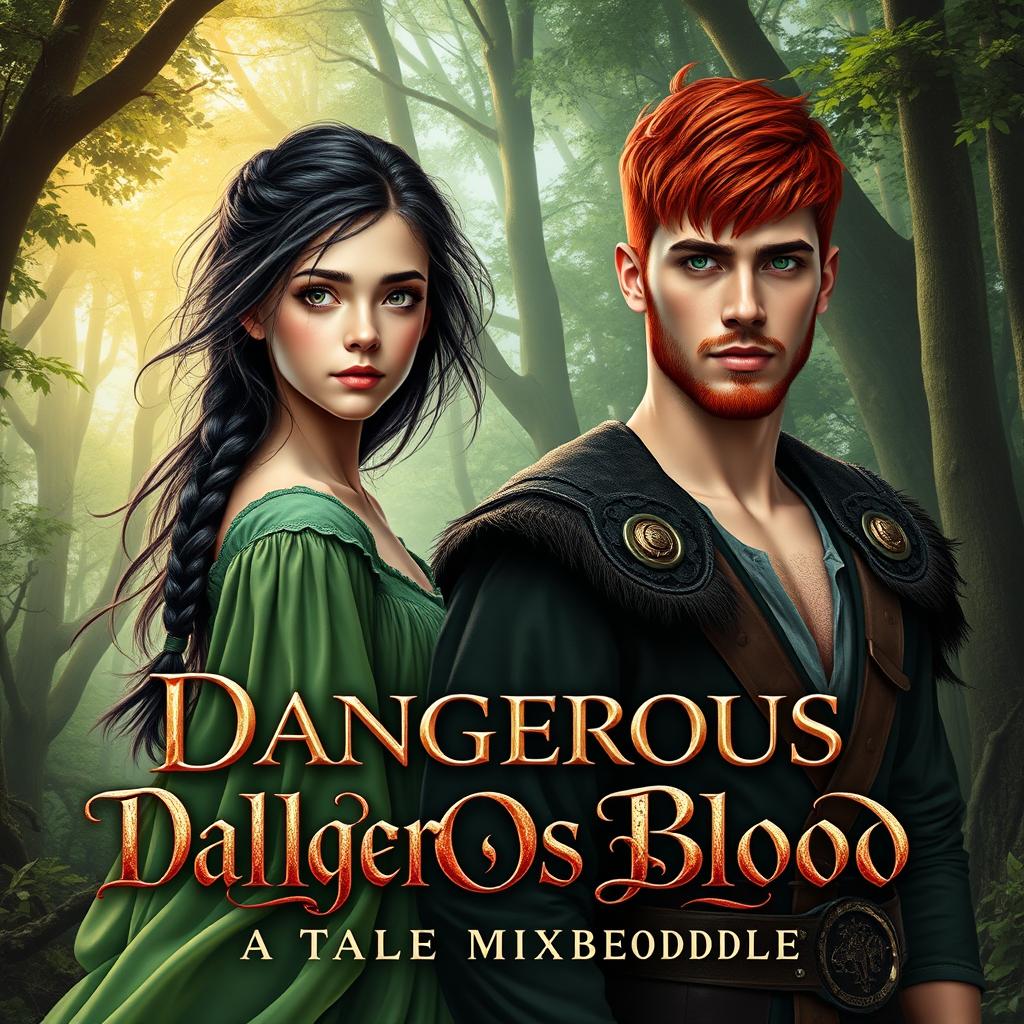 A captivating fantasy book cover for 'Dangerous Blood: A Tale of Mixed Bloodline' featuring a naive 16-year-old girl with long, messily braided black hair and expressive hazel eyes